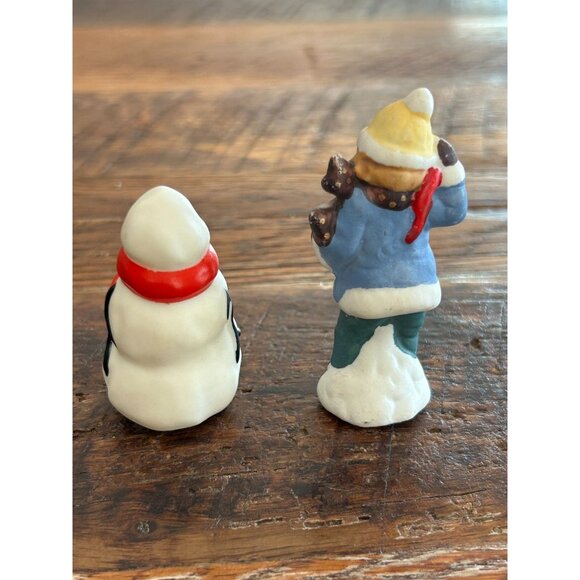 Vintage Ceramic Snowman & Boy Figurines Holding Gifts Christmas Village Figurine - Picture 3 of 12